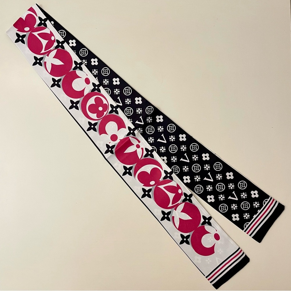 Luxury 100% Silk Bandeau Twilly Scarf - Black, White & Pink Floral Monogram 🩷 - Picture 3 of 7